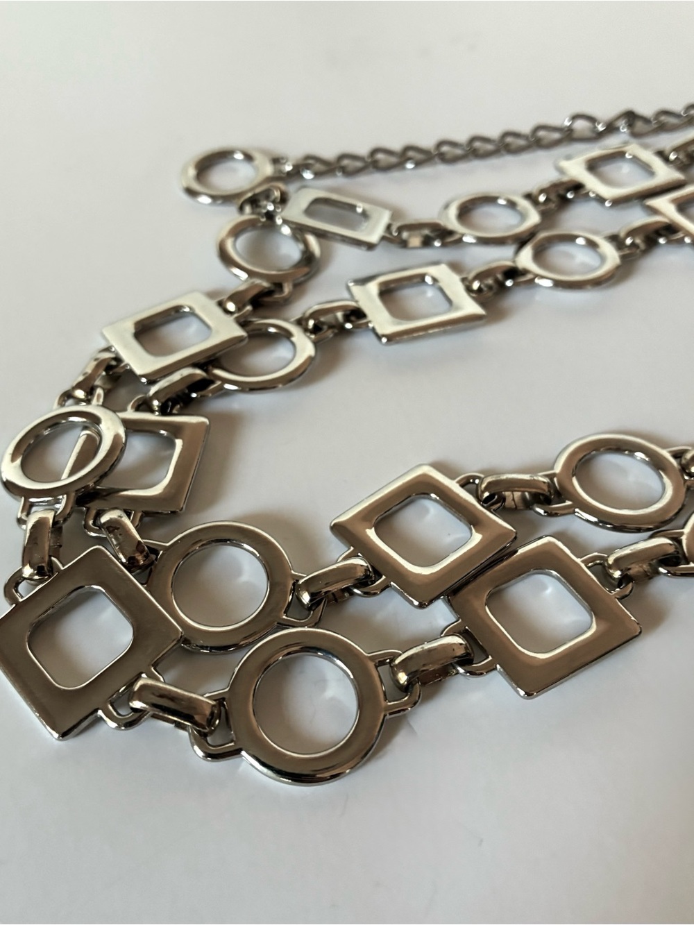Silver Tone Geometric Chain Belt Circle Square Links Adjustable 36–46”
